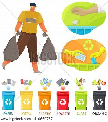 Volunteer Man Is Cleaning Territory. Guy Collects Rubbish On Contaminated Areas. Male Character Tran