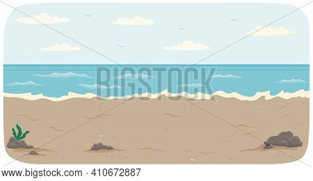 Polluted Coastline With Ocean And Waves Vector Illustration. Seascape With Salty Water On Seashore. 