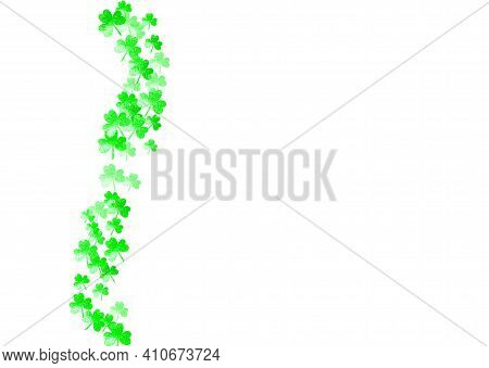 St Patricks Day Background With Shamrock. Lucky Trefoil Confetti. Glitter Frame Of Clover Leaves. Te