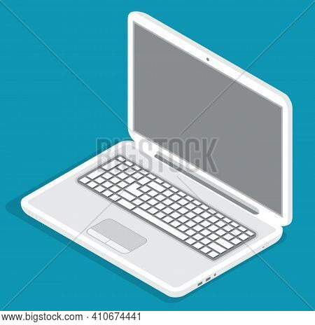 Opened Grey Laptop, Modern Technology, Device, Internet At Wireless Computer. Cartoon Vector Icon Is