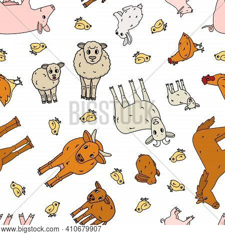 Seamless Pattern Of Doodle Outline Vector Cartoon Animals At The Farm. Sheep Ram Cow Bull Calf Chick