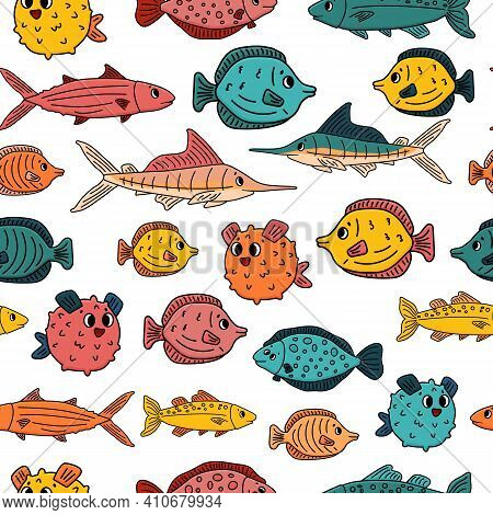 Seamless Pattern Of Doodle Isolated Animals. Set Of Outline Cartoon Vector Fish, Tang Flounder, Tuna