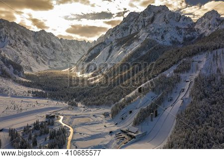 Aerial View Of Ski Jump In Planica, Slovenia At Ratece Near Kranjska Gora In Winter With Snow.