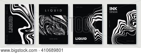 Black And White Abstract Poster Design With Liquid Lines. White Curves And Wavy Lines On Dark Black 