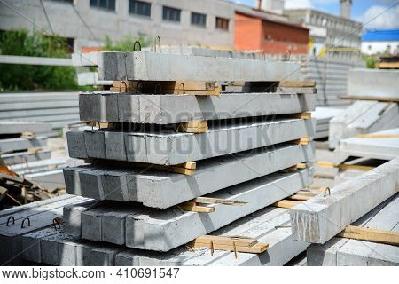 Reinforced Concrete Lintels Are Located At The Warehouse Of The Plant Of Reinforced Concrete Product