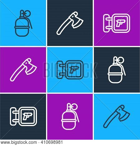 Set Line Hand Grenade, Hunting Shop Weapon And Wooden Axe Icon. Vector