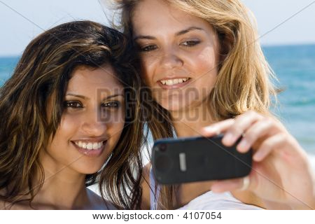 Adulte, attrayant, plage, magnifique, caméra, soins, insouciant, Casual, cellulaire, téléphone portable, mignon, féminin,