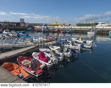 Puerto De Mogan, Gran Canaria, Canary Islands, Spain December 18, 2020: Marina With Fishing Boats An