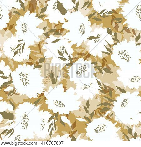 Floral Seamless With Hand Drawn Color Roses. Cute Summer Background With Flowers And Leaves. Modern 
