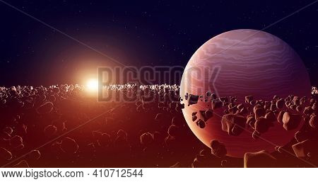 Planet Saturn Or Jupiter Close-up, With Rings And Sun, 3d Illustration
