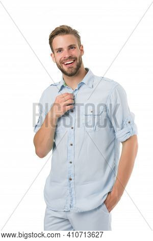 It Is Hot Here. Man Handsome Bearded Guy Smiling On White Background Isolated. Guy Cheerful Smile Ma
