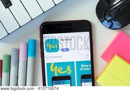 New York, Usa - 2 March 2021: My Optus Mobile App Icon On Phone Screen, Illustrative Editorial