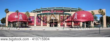 Anaheim, California - USA - March 1, 2021: 
Angel Stadium of Anaheim, originally known as Anaheim Stadium and later Edison International Field of Anaheim, is a modern-style ballpark. Editorial Use. 