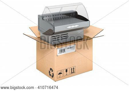 Showcase, Display Cabinet Vitrine Inside Cardboard Box, Delivery Concept. 3d Rendering Isolated On W