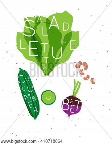 Set Of Color Vegetables With Inscription Salad Letuce, Cucumber, Beet, Beans Drawing In Minimalist S