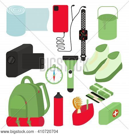 Tourism Items Set Compass, Watch, Camera, Bottle, Shoes Vector Illustration