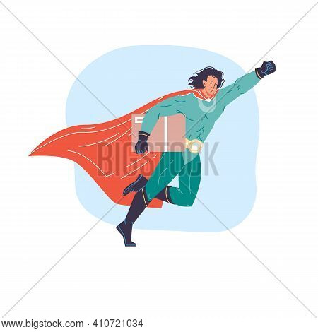 Vector Cartoon Flat Superhero Character In Cape Fly In Sky With Order Package-super Fast Orders Deli