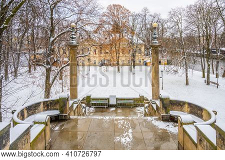 Historical Staircase Of Legion Bridge On Strelecky Island In Prague, Czech Republic. Winter Photogra