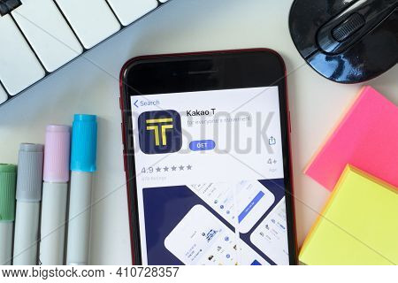 New York, Usa - 2 March 2021: Kakao T Mobile App Icon On Phone Screen, Illustrative Editorial