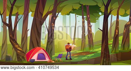 Traveler Camp In Forest, Tourist With Backpack And Map Stand At Scenery Wood Landscape Search Right 