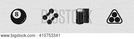 Set Billiard Pool Snooker Ball, Dumbbell, Fitness Mat Roll And Balls In Rack Triangle Icon. Vector