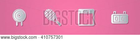 Set Paper Cut Target Sport, Tennis Racket, Bathroom Scales And Sport Mechanical Scoreboard Icon. Pap
