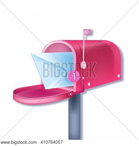 Vector Pink Traditional Mailbox Email Notification, New Letter Concept Isolated On White, Closed Env