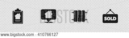 Set House Contract, Location With House, Heating Radiator And Hanging Sign Text Sold Icon. Vector