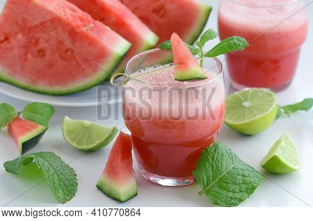 Watermelon Smoothie  With Lemon And Mint To Cool Down On Hot Days. Refreshening Fruit Drink To Lose 