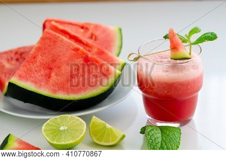 Watermelon Smoothie  With Lemon And Mint To Cool Down On Hot Days. Refreshening Fruit Drink  For Hot