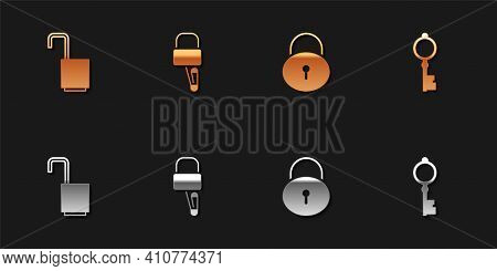 Set Open Padlock, Lock Picks For Picking, And Old Key Icon. Vector