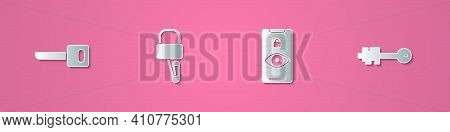 Set Paper Cut Key, Lock Picks For Lock Picking, Eye Scan And Old Key Icon. Paper Art Style. Vector