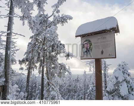 Czech Republic, Brdy Mountains, January 9, 2021: View Of Signboard With Info Text About Writer Jan C