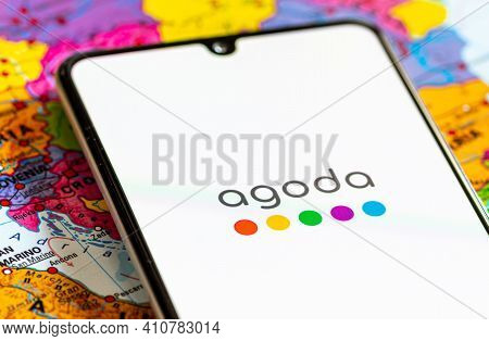 Vilnius, Lithuania - March 2 2020: Close Up View Of Agoda Travel Agency App, Icons, Logo Displayed O