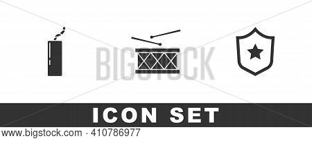 Set Dynamite Bomb, Drum And Drum Sticks And Police Badge Icon. Vector