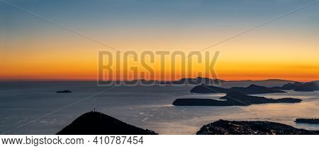 Panoramic View Of Adriatic Islands With Dubrovnik Old Town After Sunset Hour From Top Of Mountain Sr