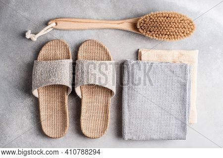 Eco Friednly Reusable Spa Accessories. Bamboo Slippers, Anti Cellulite Massage Brush And Cotton Towe