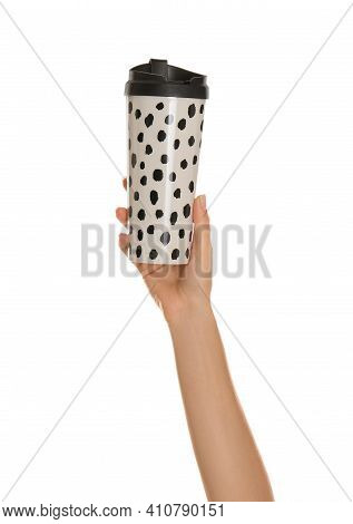 Woman Holding Elegant Thermocup On White Background, Closeup