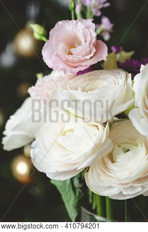 Beautiful Flowers Bouquet Of Ranunculus And Eustoma. Soft Pastel Color Flowers
