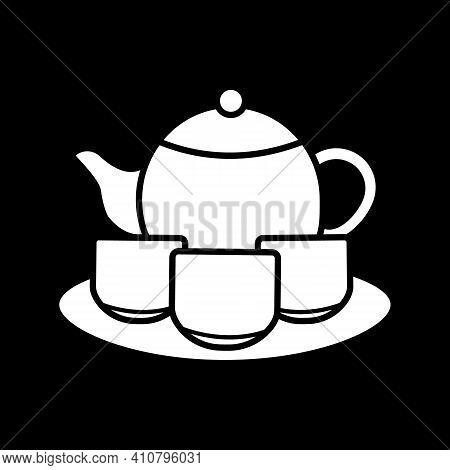 Tea Set Dark Mode Glyph Icon. Serving Drinks. Tea Ceremony. Pitches And Saucer, Porcelain Teacups An