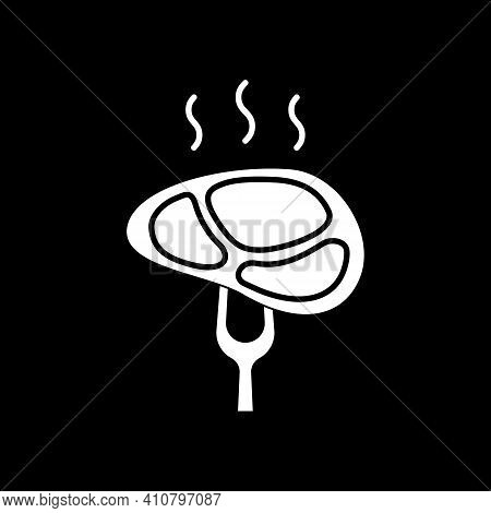 Grilled Meat Dark Mode Glyph Icon. Steaming Cooked Pork. Hot Fillet On Fork For Eating. Barbecue Coo