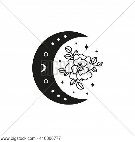 Black Bohemian Crescent Moon With Outline Flower Isolated On White Background. Mystic Witchy Illustr