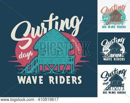 Print Set Of Silhouette Bungalow For Sufring Beach