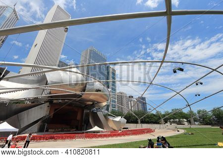 Chicago, Usa - June 27, 2013: Jay Pritzker Pavilion In Millennium Park In Chicago. Jay Pritzker Pavi