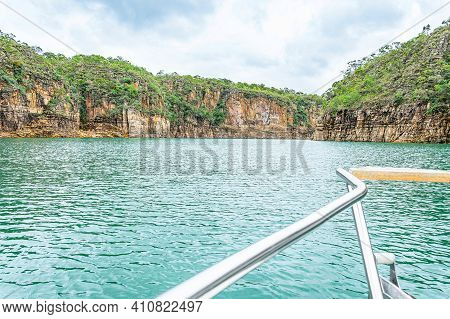 Navigating At The Lake Of Furnas Next To The Canyons, At Capitólio Mg, Brazil. Boat Ride Tourism At 
