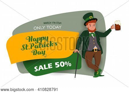 Saint Patrick's Day Discount And Sale Sticker With Irish Fantastic Character Leprechaun. Special Off