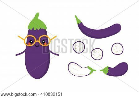 Cute Cartoon Style Eggplant, Aubergine Character With Set, Collection Of Difefrent Eggplants, Whole 