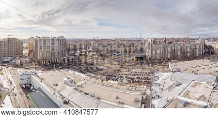 Russia, St.petersburg, 03 March 2021: The Aerial View Of The Huge Crossroad At Subway Station Pionee