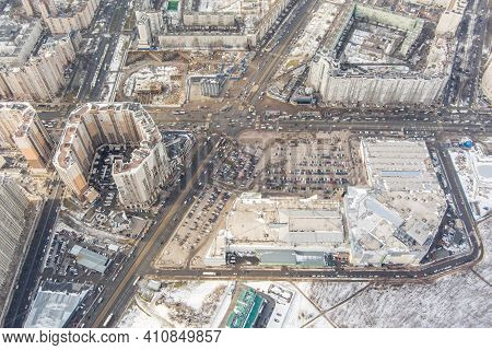 The Aerial View Of The Huge Crossroad At Subway Station Pioneerskaya, Ispytateley Avenue And Kolomya