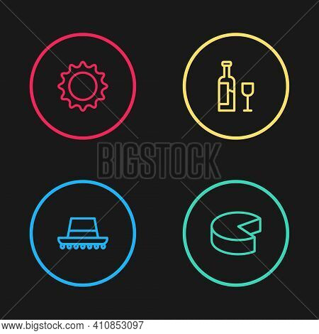 Set Line Spanish Hat, Cheese, Wine Bottle With Glass And Sun Icon. Vector